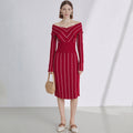 Autumn/Winter new fashion V-neck striped elegant knit long sleeve dress with fitted silhouette