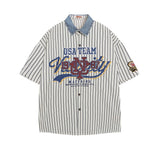 Vintage printed letter vertical stripe short sleeved shirt