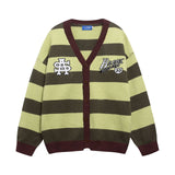Striped letter embroidered V-neck knitted cardigan sweater