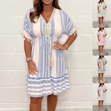 Spring And Summer New Short Sleeve V-neck Mid-length Printed Dress Women